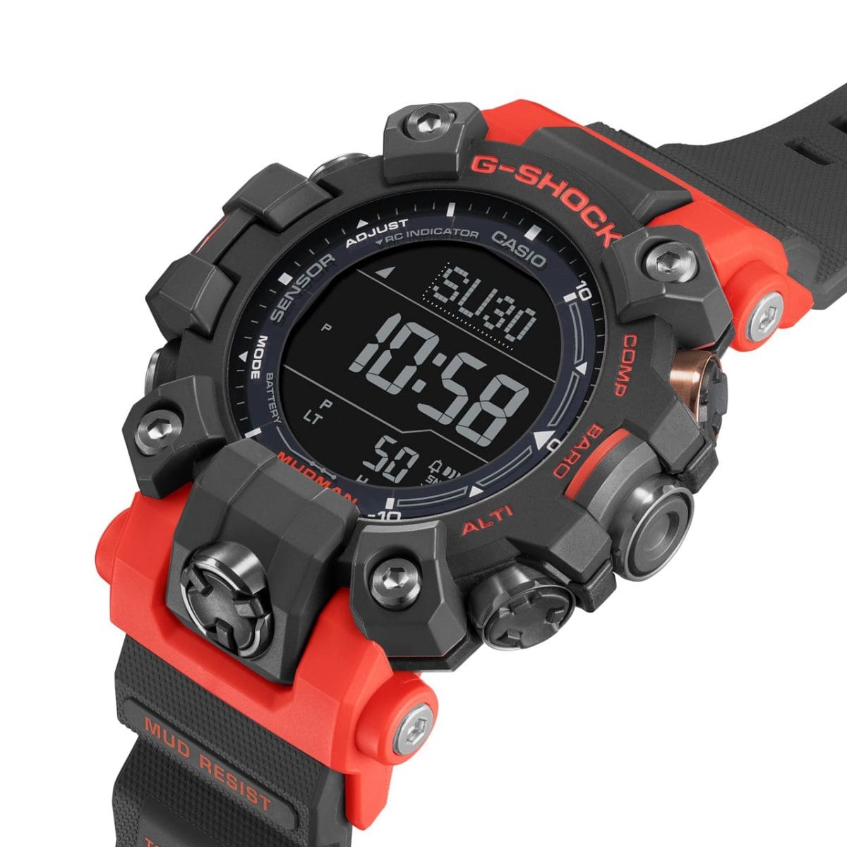 Vista lateral del reloj G-SHOCK Outsoor «GW-9500-1A4» con sus botones redondos y gruesos y sus detalles rojos