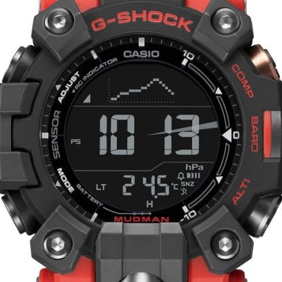 Primer plano del barómetro y el termómetro en la pantalla del G-SHOCK GW-9500-1A4