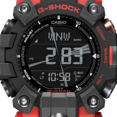 Primer plano de la brújula digital en la pantalla del G-SHOCK GW-9500-1A4