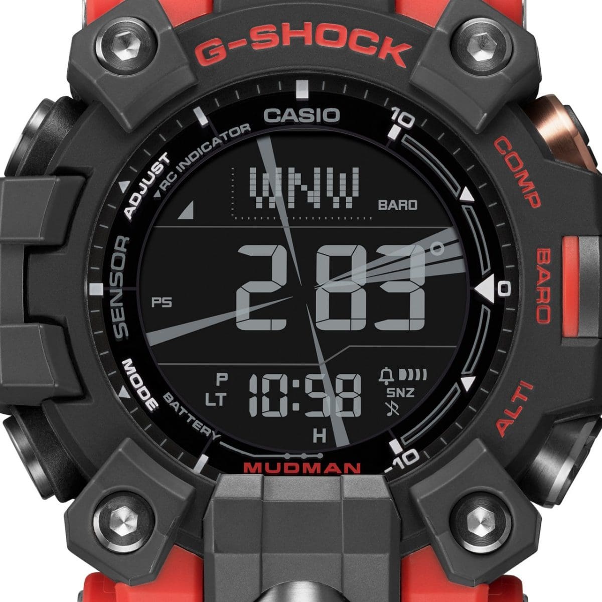 Primer plano de la brújula digital en la pantalla del G-SHOCK GW-9500-1A4