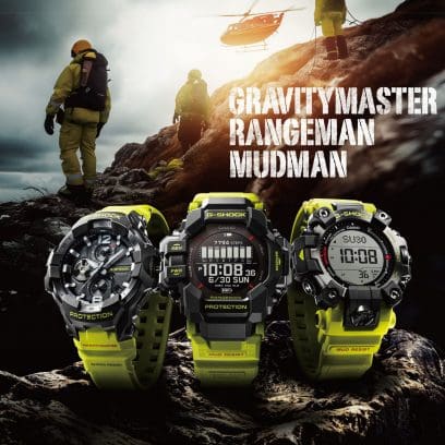 Los tres modelos GR-B300RY-1A9, GPR-H1000RY-1A9, GW-9500MRY-1A9 de la serie Rescue Yellow. Al fondo se ven socorristas de montaña y un helicóptero de rescate.