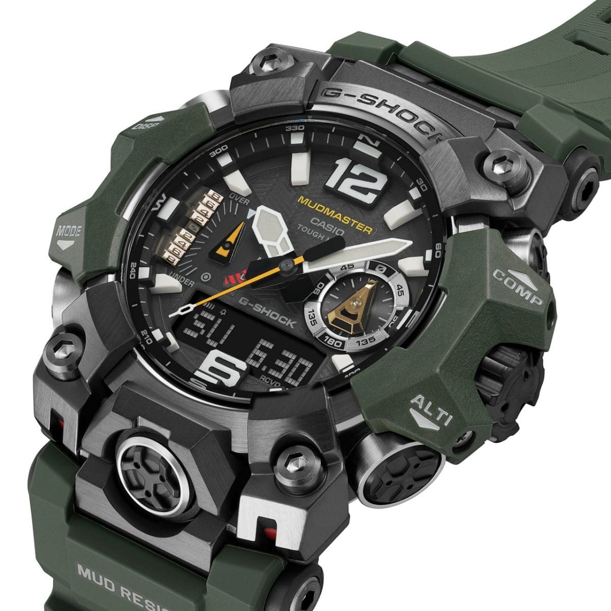 Vista lateral del reloj CASIO Master of G Mudmaster GWG-B1000-3A, que muestra los botones de visualización laterales y el diseño robusto de la caja