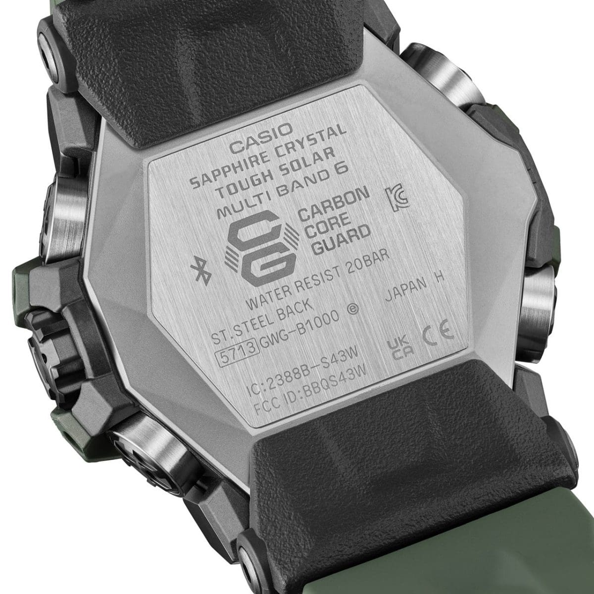Grabado en el dorso plateado del reloj GWG-B1000-3A con control por radiofrecuencia