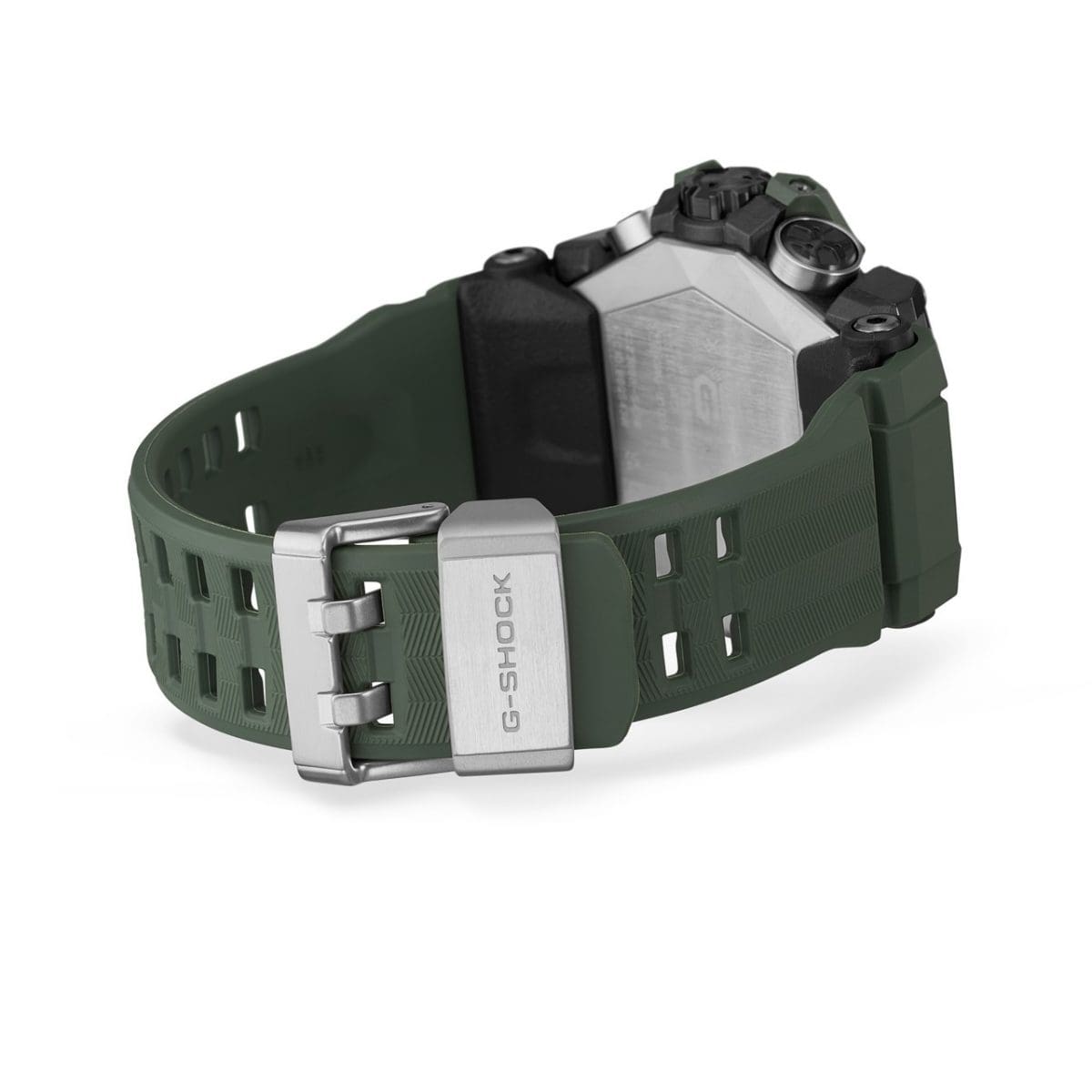El reloj GWG-B1000-3A con energía solar y correa cerrada, mostrando el dorso del reloj y el cierre de la correa con el grabado G-SHOCK
