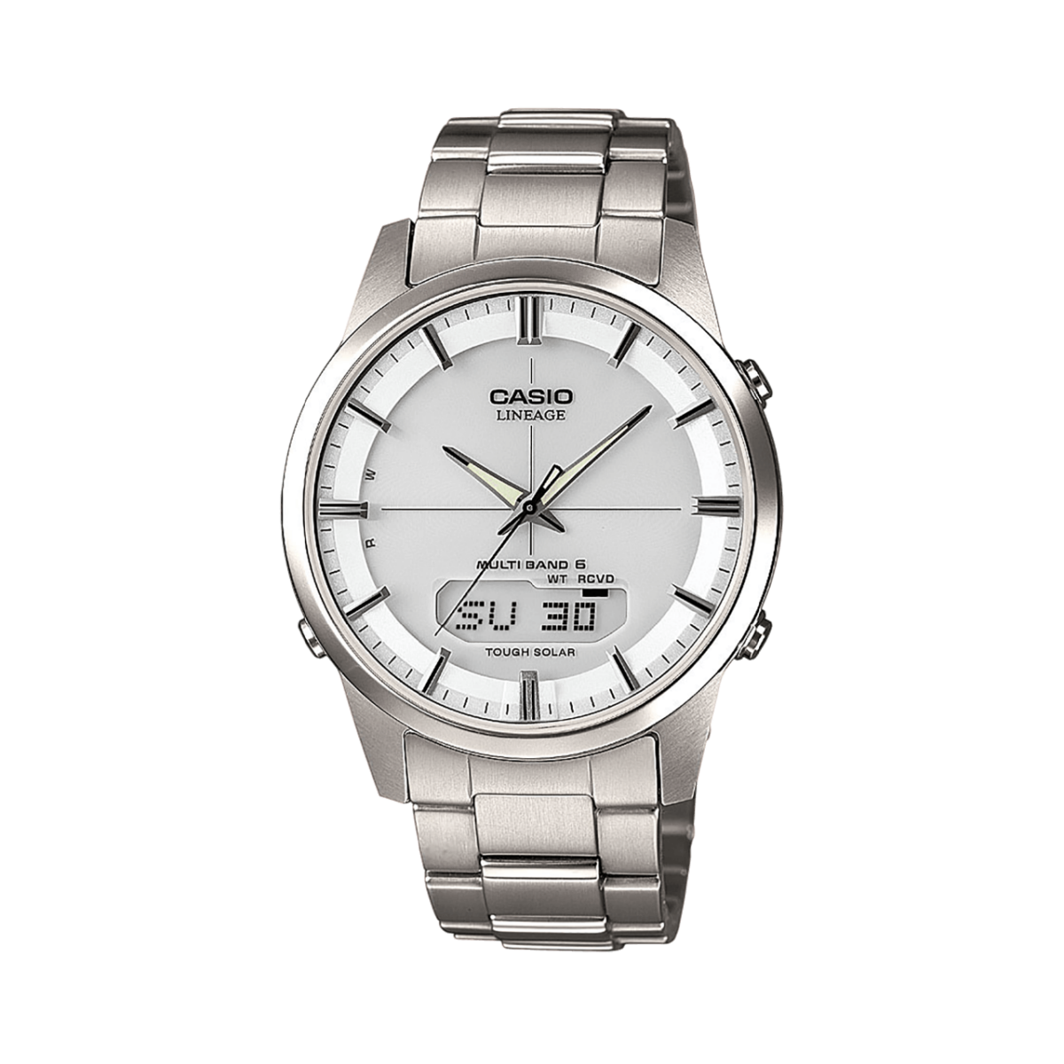 Vista frontal del LCW-M170TD-7A plateado con esfera blanca