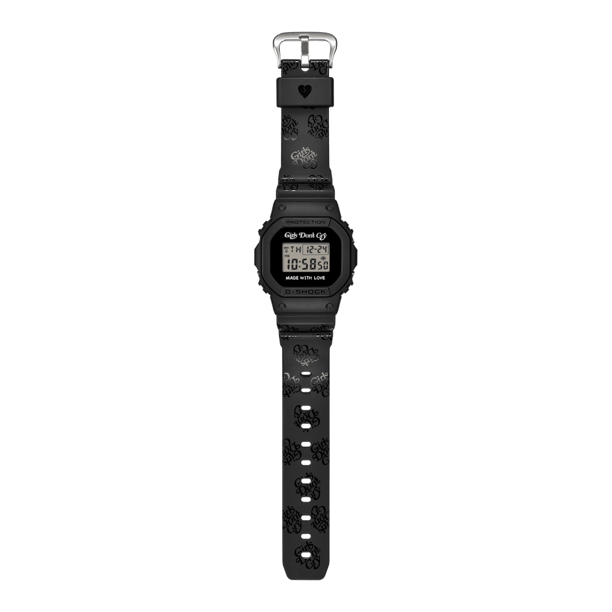 Vista general del reloj de pulsera de G-SHOCK, creado en colaboración con VERDY, en el que el logotipo de «Girls Don't Cry» aparece impreso en negro brillante sobre la correa.