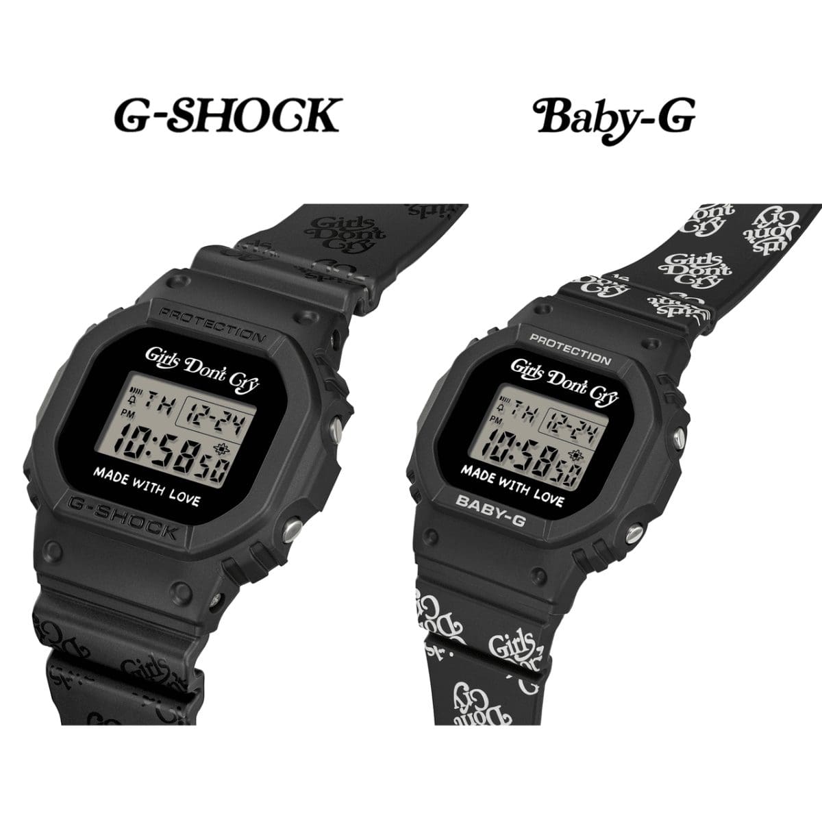 El conjunto de la colección «Seasonal Pair Collection» incluye un reloj de pulsera G-SHOCK negro y un reloj de pulsera BABY-G negro.
