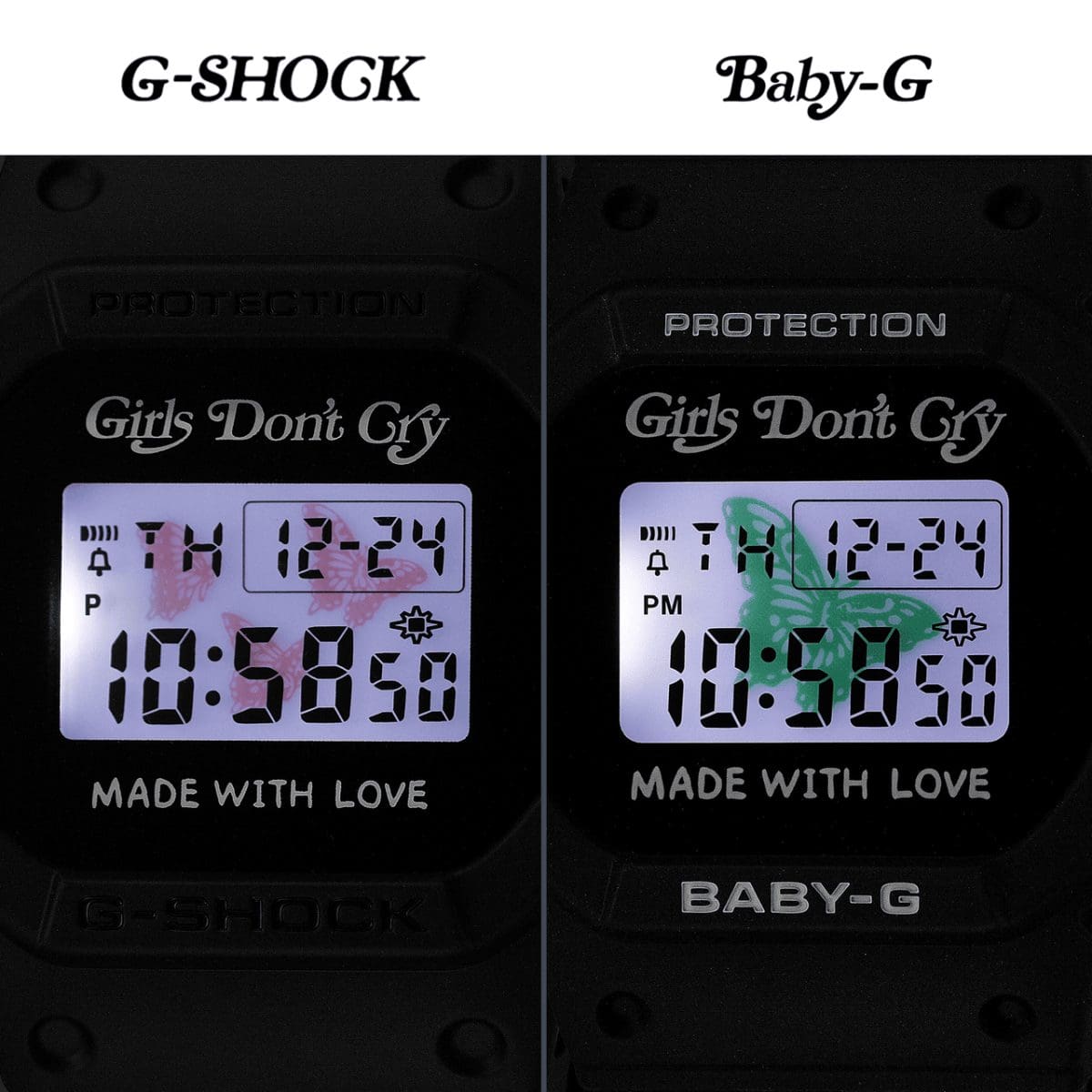 Cuando se enciende la luz de la esfera digital, aparece un símbolo de mariposa roja en el reloj de pulsera G-SHOCK y una mariposa verde en el reloj BABY-G.