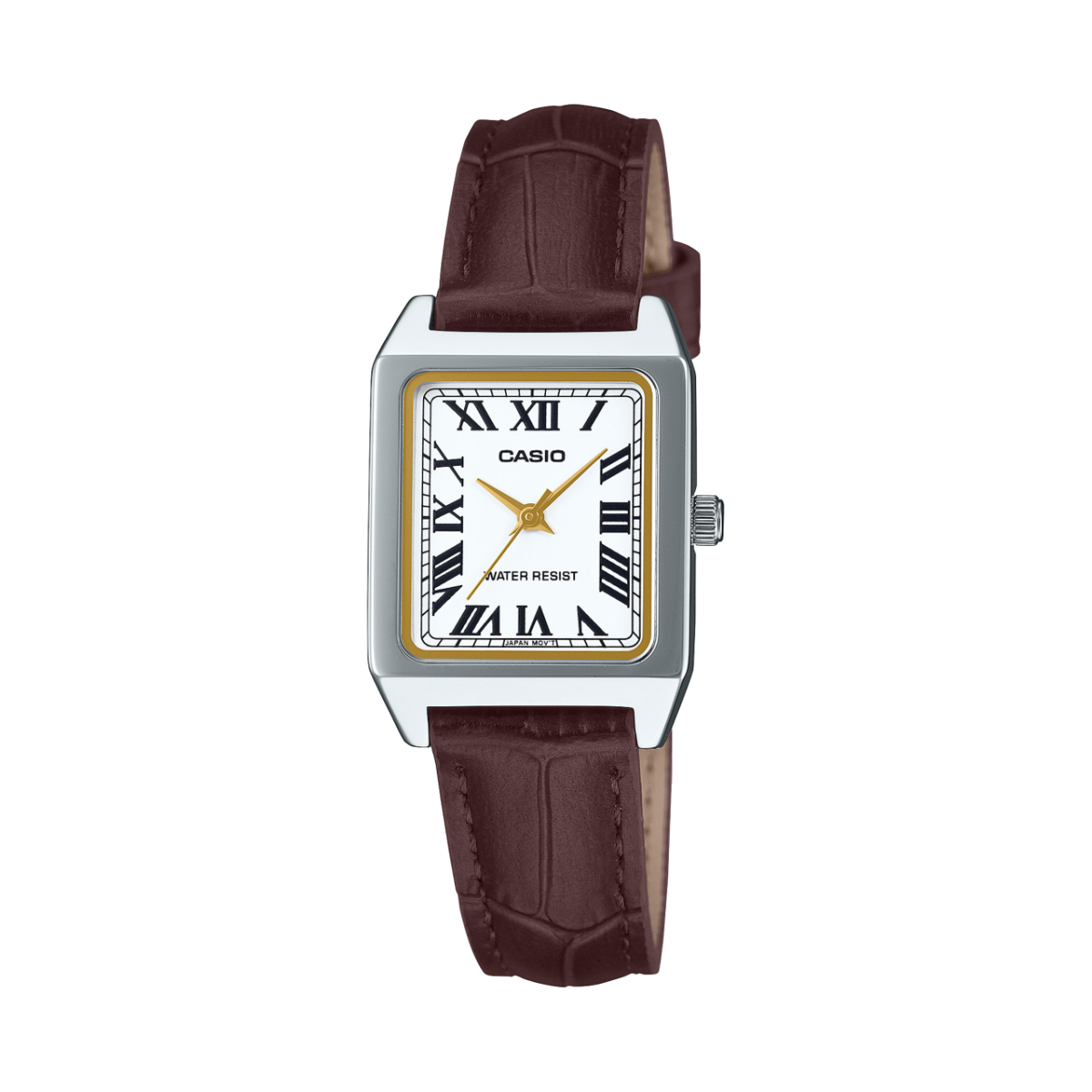 Imagen de producto del reloj de pulsera "LTP-B150L-7B2" de la colección CASIO. La caja plateada con números romanos en el bisel blanco está enmarcada por una correa de piel marrón.