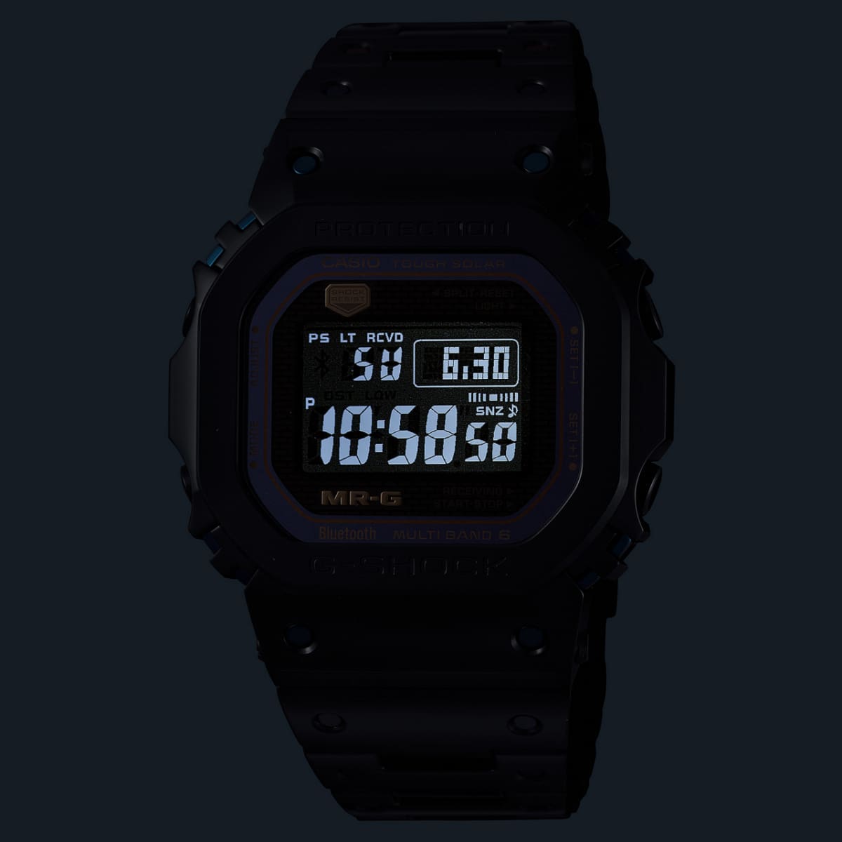 Pantalla digital luminosa del MRG-B5000BA-1 en la oscuridad
