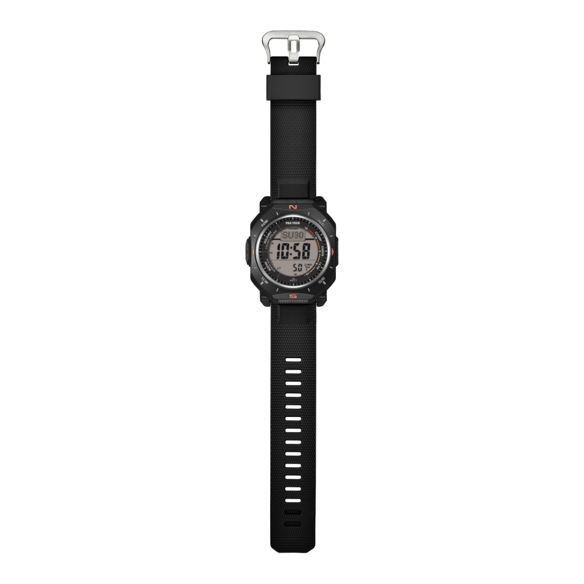 Vista general del reloj digital PRG-69-1 con la correa abierta y una carcasa llamativa y angulosa.