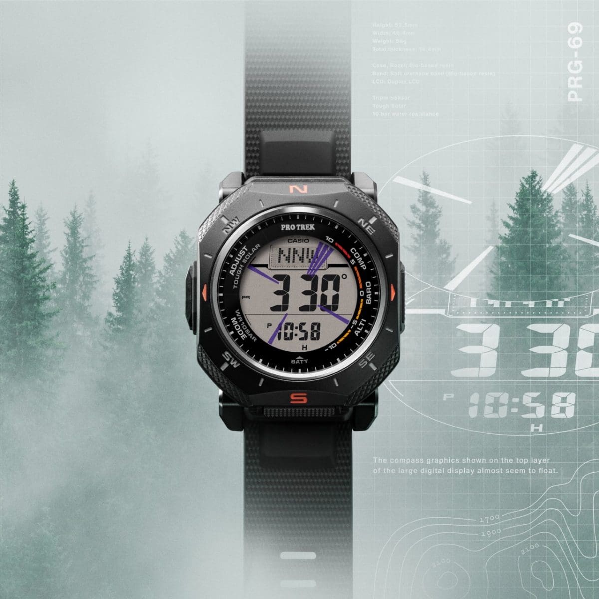 El reloj digital PRG-69-1ER con un fondo de bosque nuboso y la brújula activada en la pantalla digital.