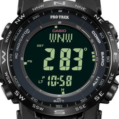 Primer plano de la pantalla del reloj solar PRW-35Y-1B con indicación de brújula digital