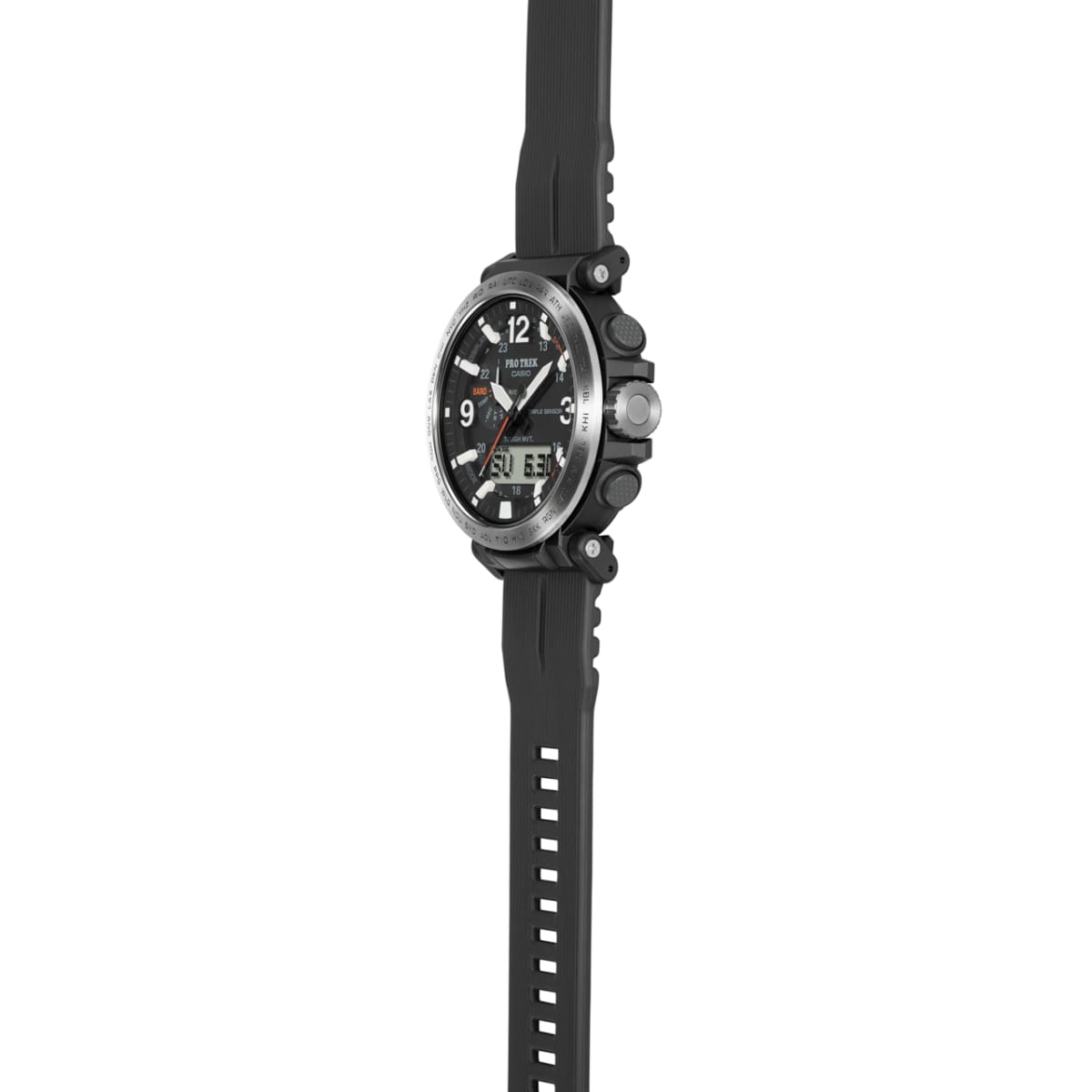 Vista lateral del reloj de pulsera PRW-6111Y-1A con botones en la caja
