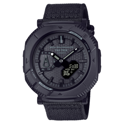 Imagen de producto del reloj de pulsera PRJ-B001WM-1 con correa de tela, caja giratoria y pantalla analógica negra.