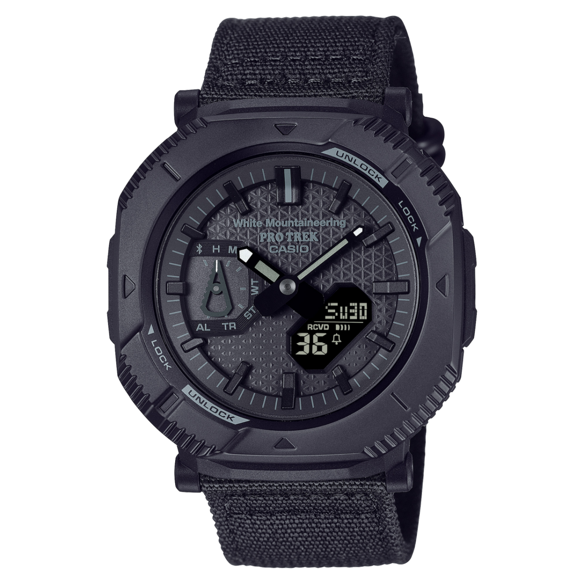 Imagen de producto del reloj de pulsera PRJ-B001WM-1 con correa de tela, caja giratoria y pantalla analógica negra.