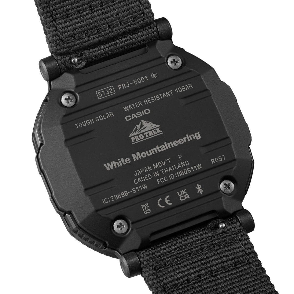 Grabado en la parte posterior de la caja del reloj PRO TREK PRJ-B001WM-1.