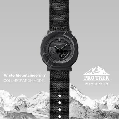 El reloj de pulsera analógico PRJ-B001WM-1 delante de una cordillera blanca.