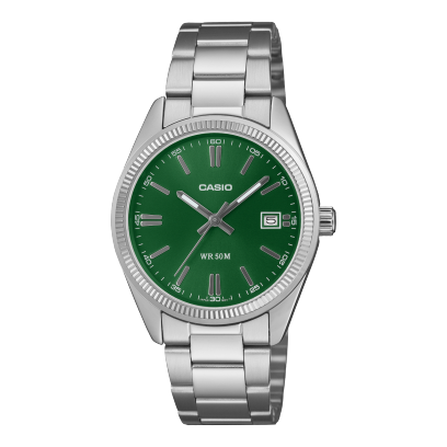 Vista frontal del reloj de pulsera CASIO TIMELESS COLLECTION UTP-1302PD-3A1VEF plateado con esfera verde oscuro.