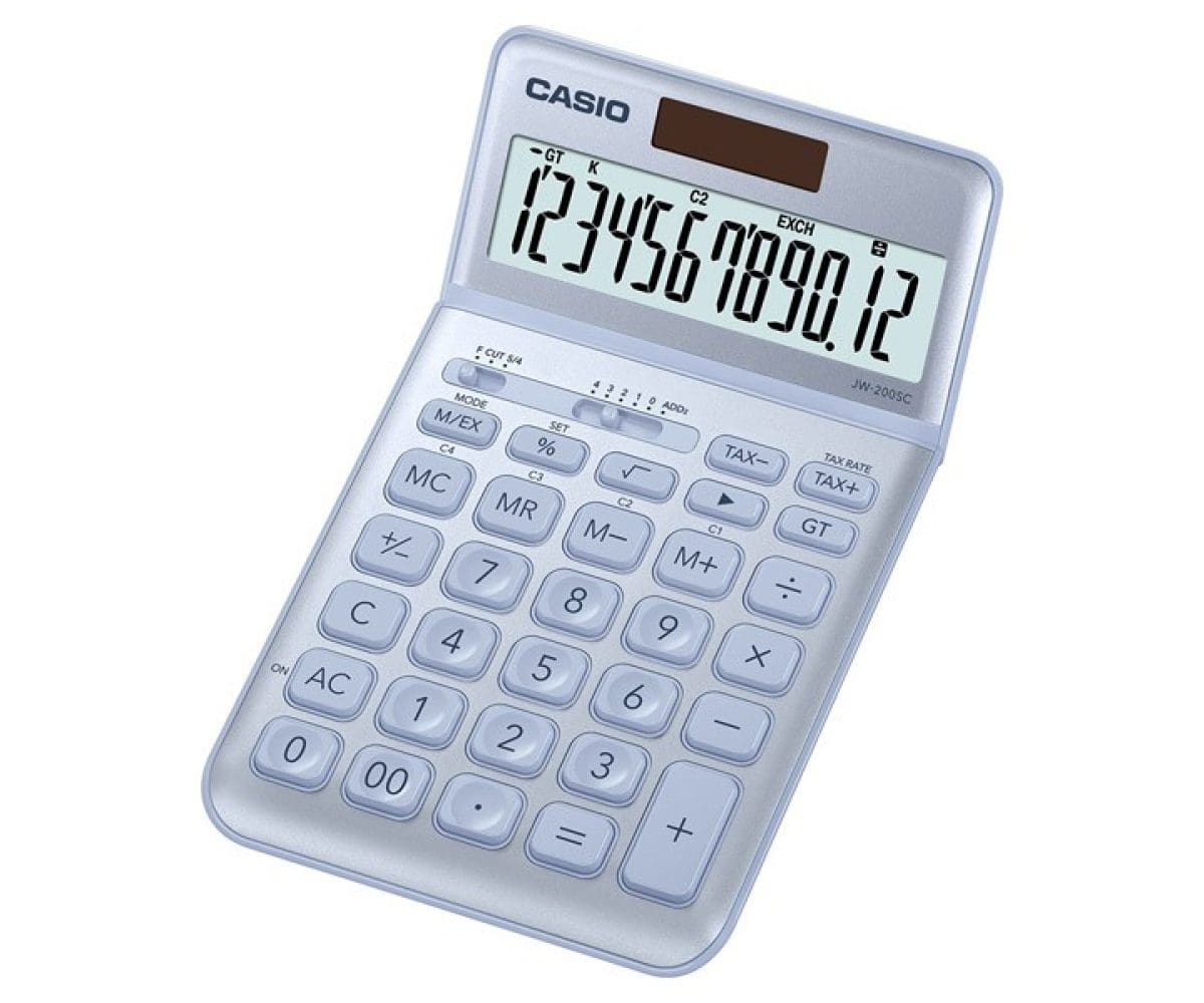 The grey-silver compact calculator from CASIO with a small solar panel and tiltable digital display