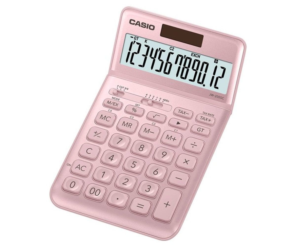 The rose-colored compact calculator JW-200SC-PK from CASIO with a small, tiltable digital display
