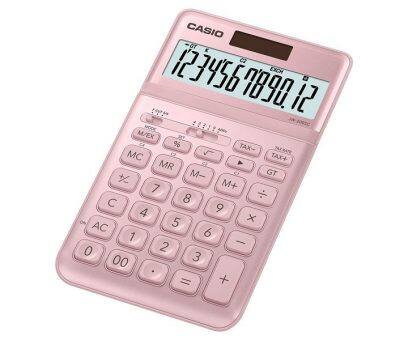 Flat rose-colored calculator JW-200SC-PK from CASIO with digital display and a small solar panel