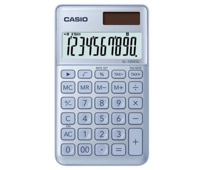The lightblue-grey compact calculator from CASIO with solar power and small digital display