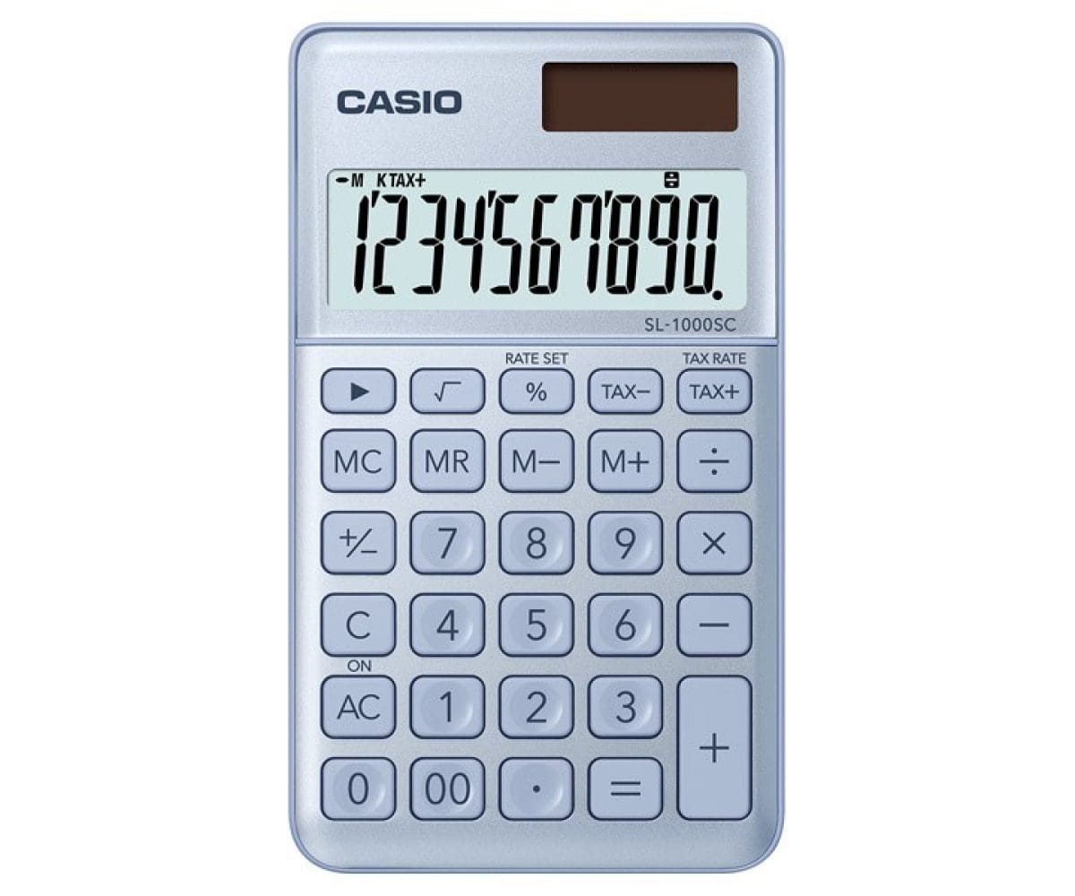 The lightblue-grey compact calculator from CASIO with solar power and small digital display