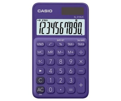 The compact violet calculator from CASIO with a small digital display and violet buttons