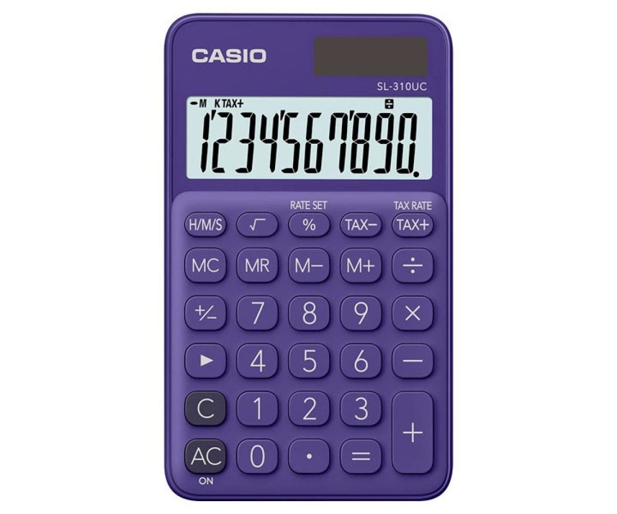 The compact violet calculator from CASIO with a small digital display and violet buttons