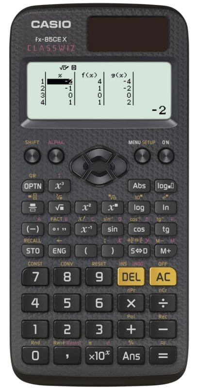 The black scientific calculator FX-85CEX with various functions, the display shows a table with x, f(x) and g(x)