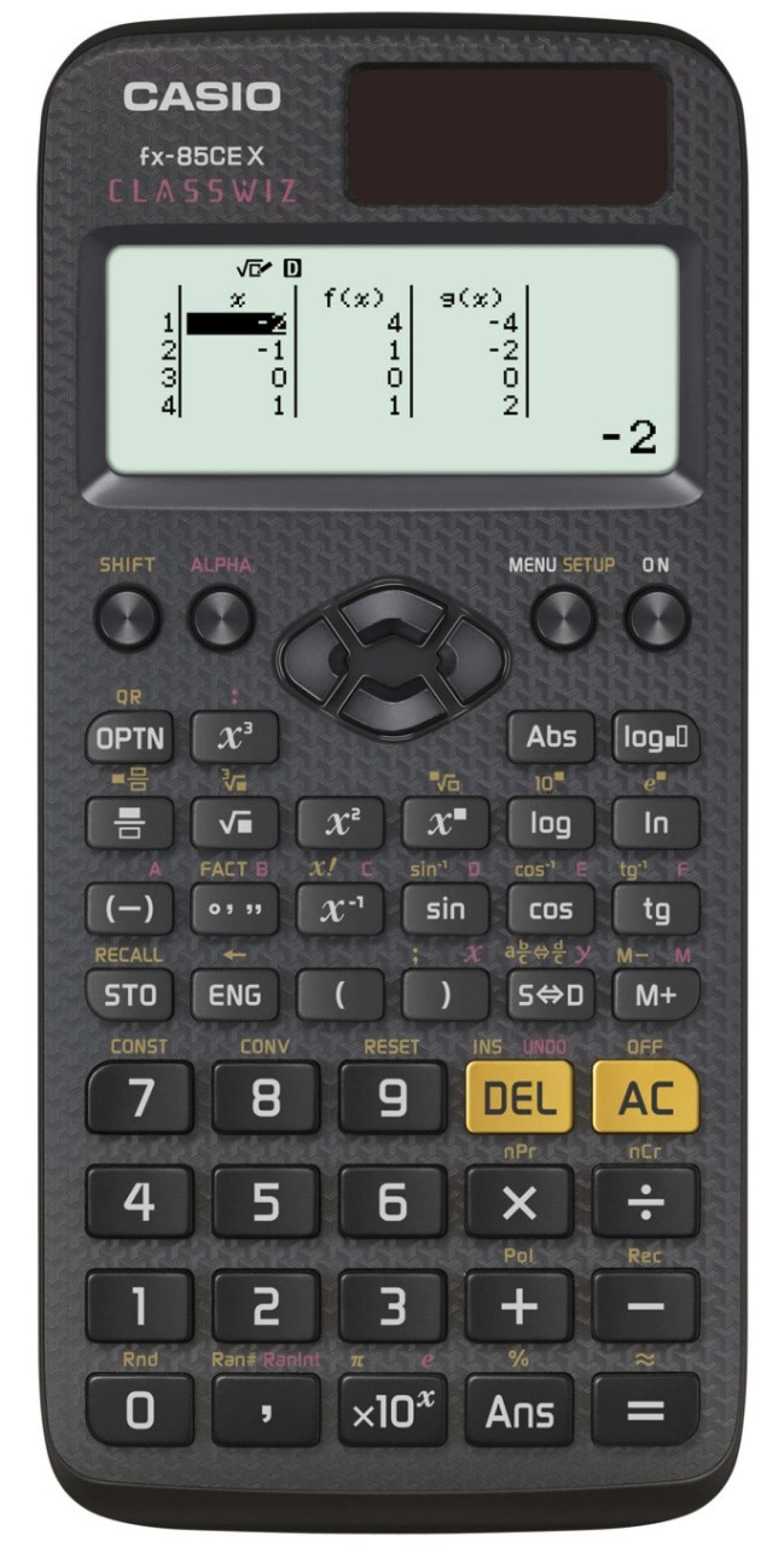 The black scientific calculator FX-85CEX with various functions, the display shows a table with x, f(x) and g(x)