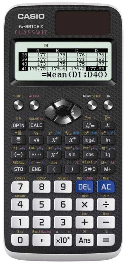 The scientific calculator fx-991CEX from CASIO in black with grey buttons, multiple functions and a big display