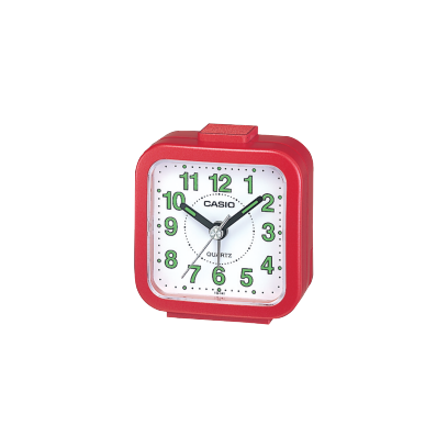The Casio Collection Analogue Wake Up Travel Alarm Clock TQ-141-4 with a white dial and red casing
