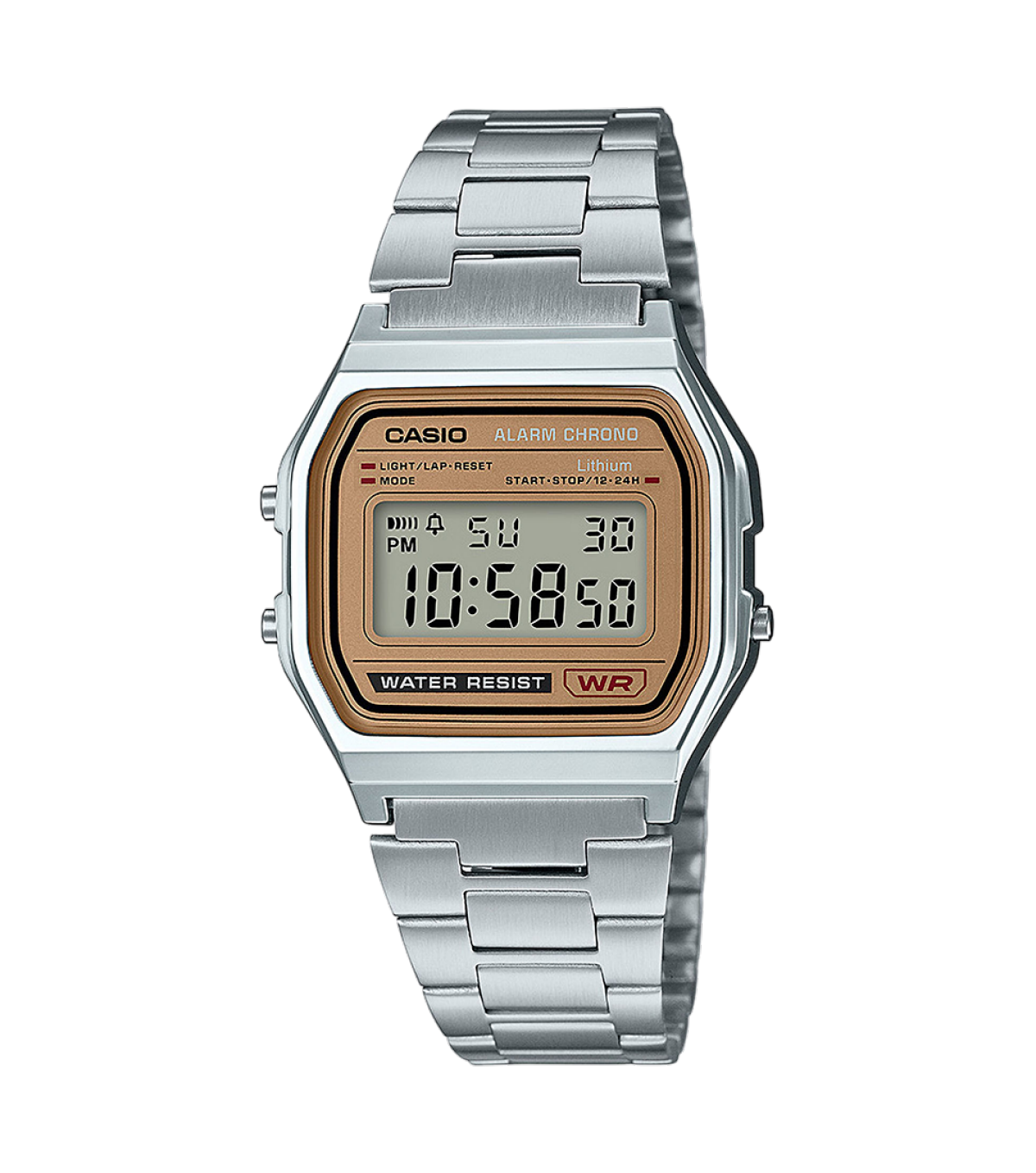 Silver A158WEA-9 digital watch with rectangular display and gold-colored frame 