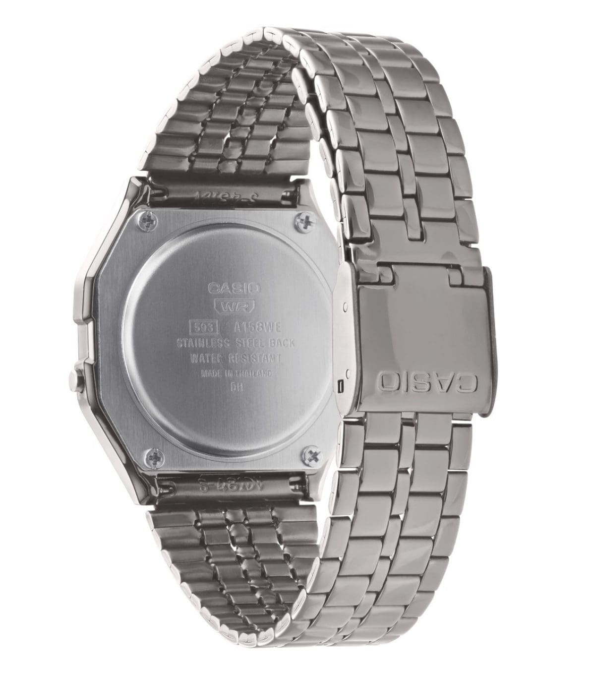 Rear view of the CASIO VINTAGE COLLECTION digital watch A158WETB-1A with CASIO logo on the clasp