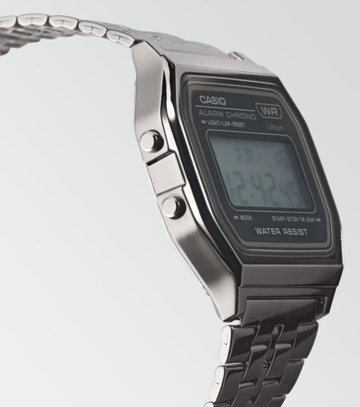 Side view of the A158WETB-1A wristwatch showing the setting buttons on the side