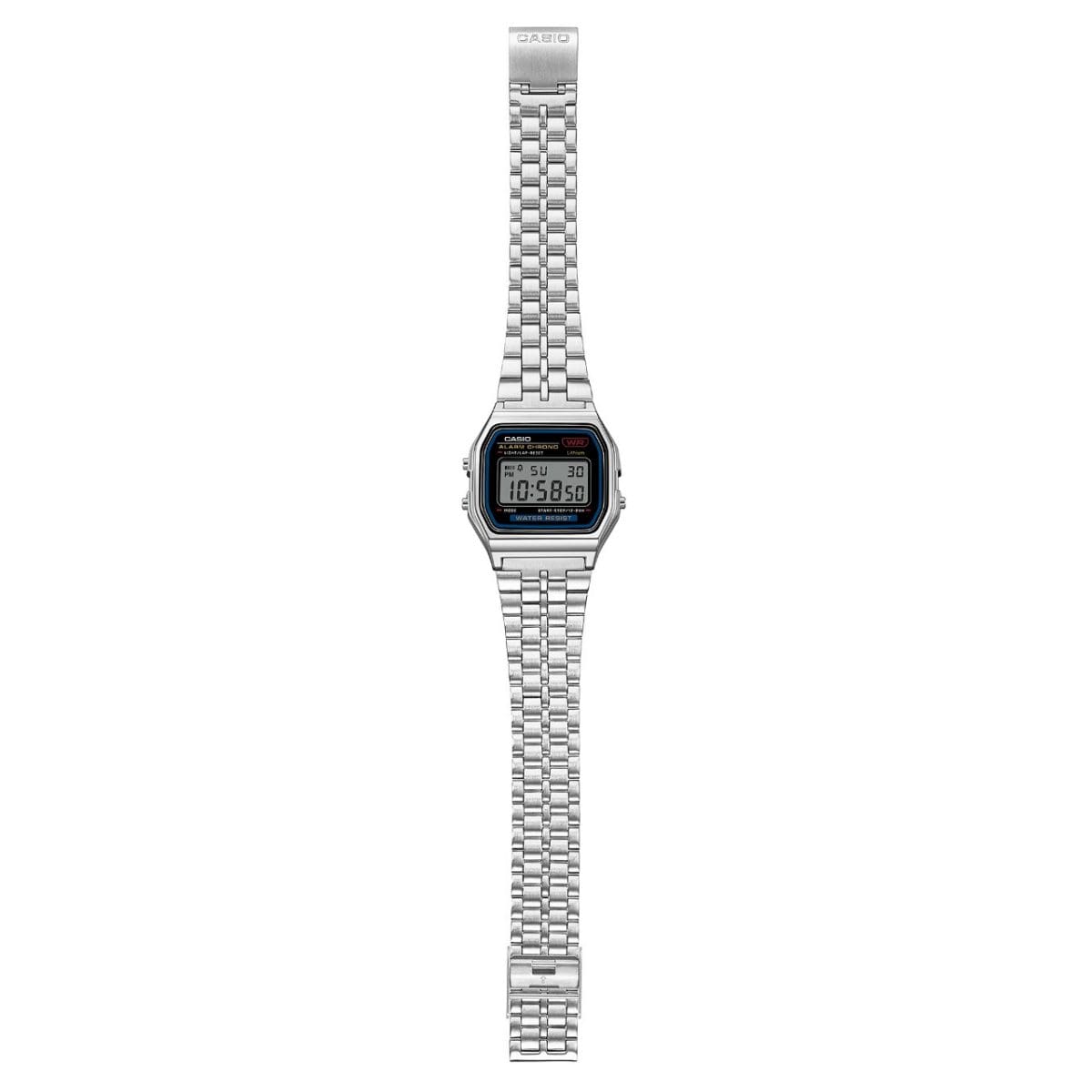 Overall view of the A159WE-1EF digital watch with the stainless steel bracelet open