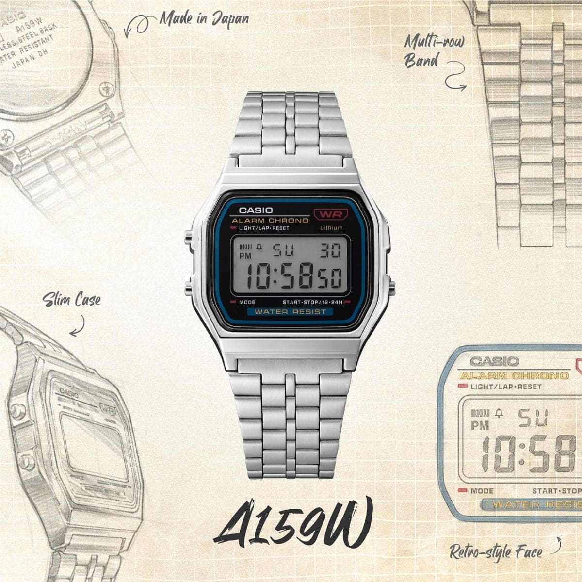 In addition to the A159WE-1EF wristwatch from the CASIO VINTAGE COLLECTION, sketches of the watch are also on display