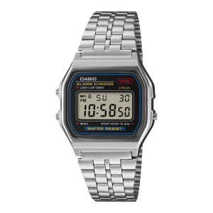 Front view of the silver A159WE-1EF wristwatch with a stainless steel bracelet and black dial