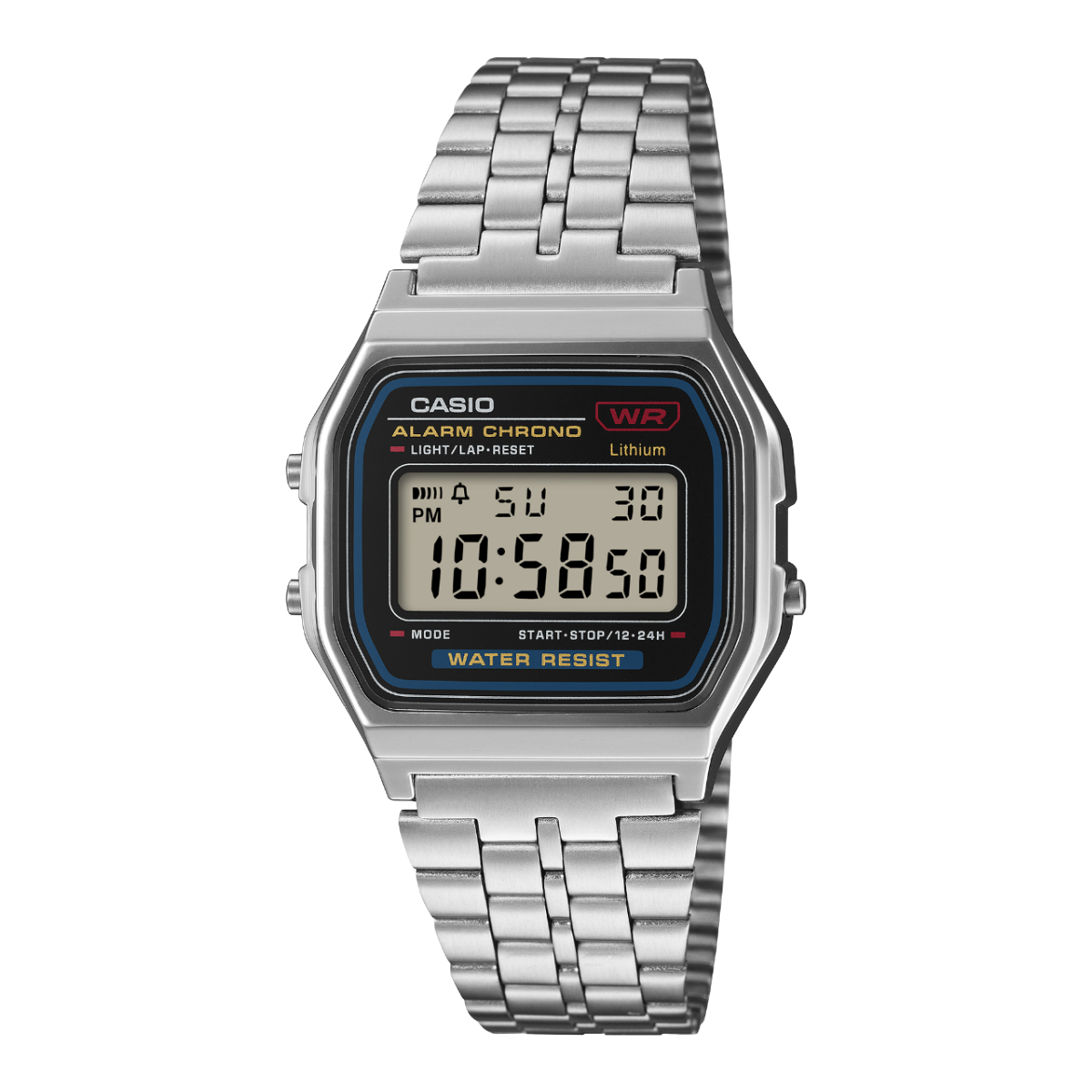 Front view of the silver A159WE-1EF wristwatch with a stainless steel bracelet and black dial