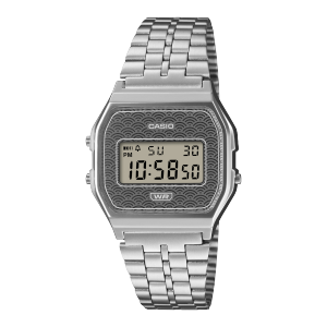 Front view of the silver A159WEVJ-7ER wristwatch with a gray dial featuring a wave pattern