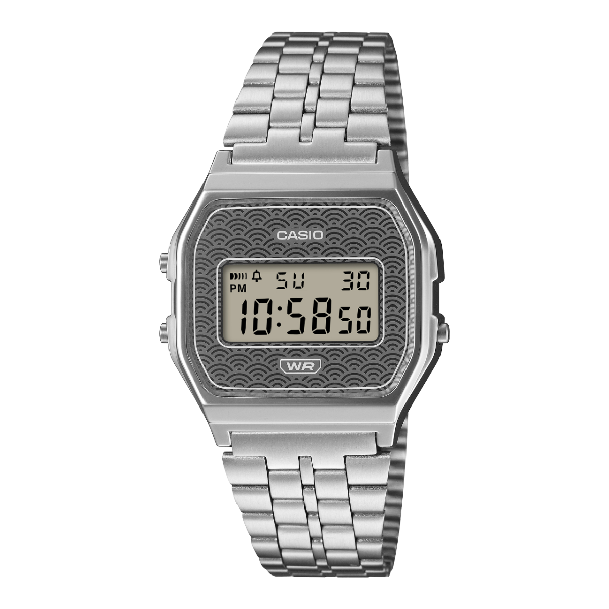 Front view of the silver A159WEVJ-7ER wristwatch with a gray dial featuring a wave pattern