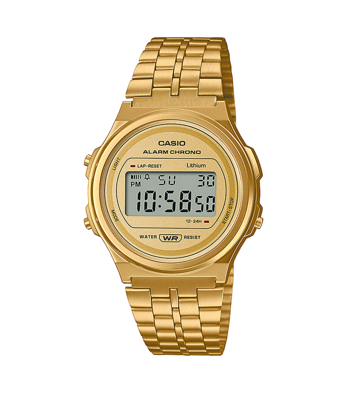 Front view of the round watch A171WEG-9A in gold with a stainless steel mesh bracelet