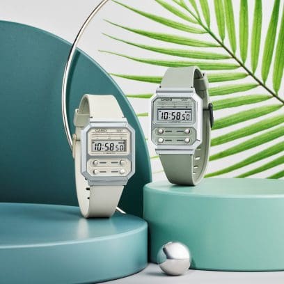 From the left: Digital wristwatch A100WEF-3A in mint green next to the A100WEF-8A in beige