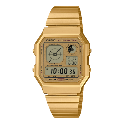 Front view of the A130WEG-9AEF with gold display, case and bracelet.