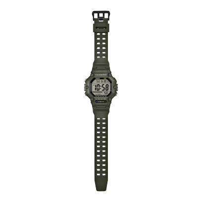 Overall view of the dark green AE-1600HX-3AVEF wristwatch with the strap open, revealing a double row of holes