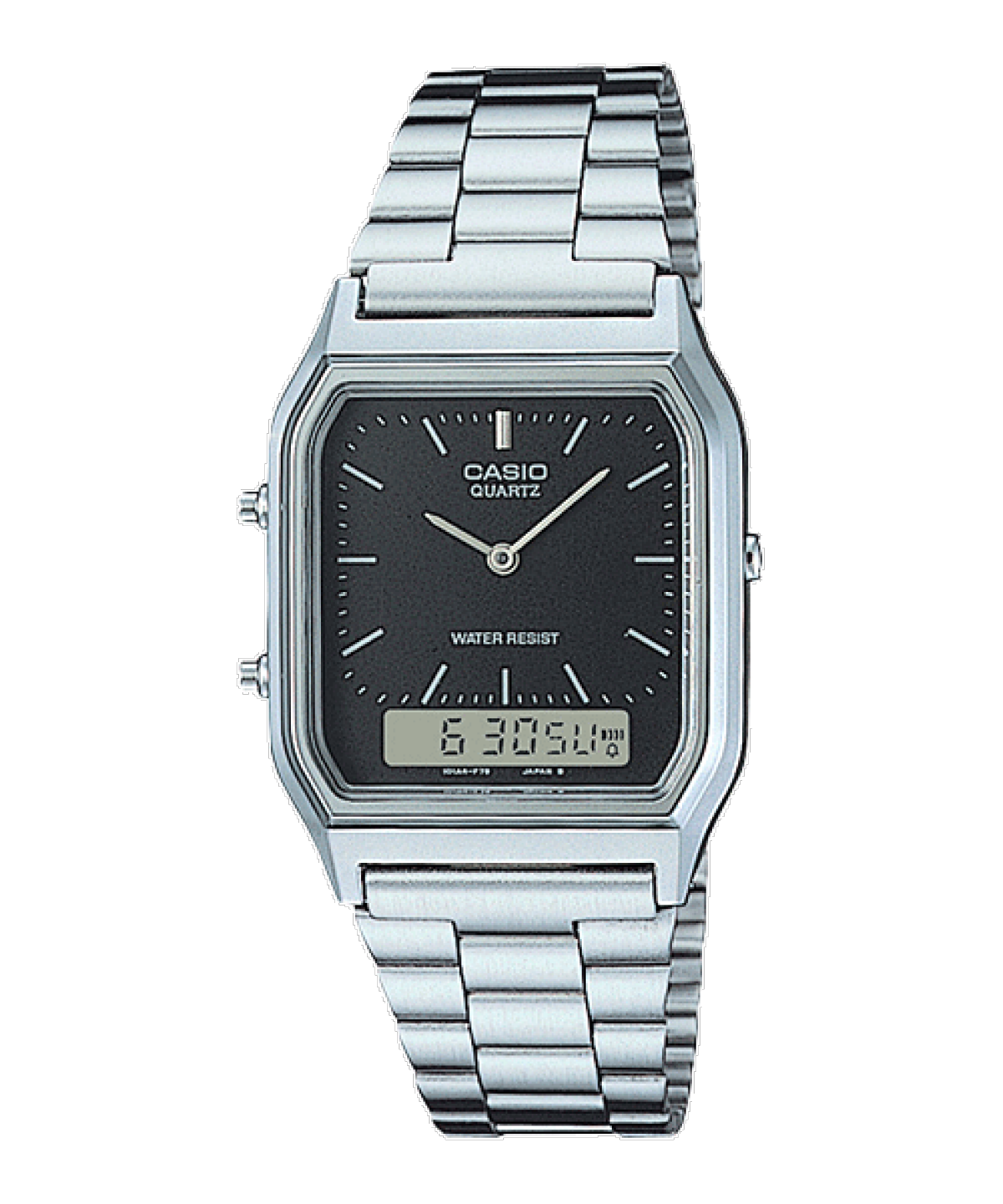 Front view of the silver AQ-230A-1DMQ with black dial