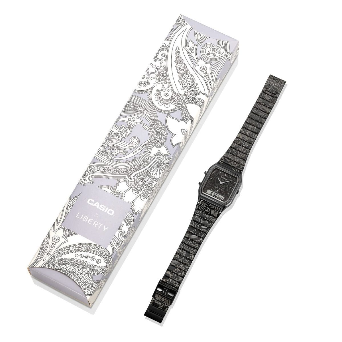 Packaging of the AQ-230EBLT-1AER printed with paisley pattern