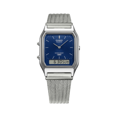 Front view of the AQ-230EM-2AEF with analog dial and digital display at the 6 o'clock position